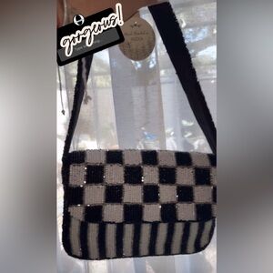 Black and White Beaded Checkered Women's Bag